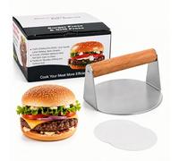 Presse à Hamburger en Acier Inoxydable Ø 14 cm, Presse à Viande Professionnelle avec Poignée en Bois incl. 50 Feuilles de Papier Cuisson, Smash Burger Press pour Grille & Poêle, Idéal pour Steak & Bac