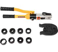 Presse à tubes - Pince à sertir hydraulique - Force de sertissage 10 t - 9 mâchoires U16/20/25/32 + V12/15/18/22/28 - Hexagonales + rondes - Aluminium/acier - Pour raccords à sertir - Jaune