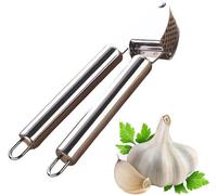 Presse-ail de la marque Unyqoos®, en acier inoxydable (aptes au contact alimentaire), avec un manche ergonomique, une ouverture de 270°, et incluant un éplucheur en silicone et une brosse de nettoyage