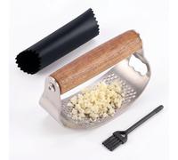 Presse Ail Inox avec Manche Ergonomique en Bois, 2-en-1 Ecrase Ail et Décapsuleur, Inclus Éplucheur Silicone, Brosse de Nettoyage pour Hacher Facilement Gingembre