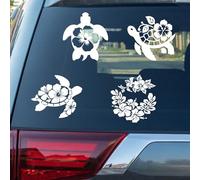 PRESSINART 4 Pièces 4 Styles Autocollants Voiture Hibiscus Blanc Tortue de Mer Sticker Voiture Motif Fleur Tortue Réfléchissant Pet Étanche Auto-adhésif Moto Camion Pare-Chocs Décor 7,9 x 7,9 Pouces