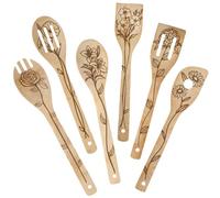 PRESSINART 6Pcs Ustensiles De Cuisine en Bambou 6 Styles Cuillères en Bois Florales 2,4 x 11,8 Pouces Ensemble Durable D'Accessoires De Cuisine en Bois pour Femme Homme Cadeau Mariage Pendaison