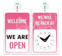 PRESSINART Enseigne Rose Ouverte Fermée pour Entreprise de 7.87 x 4.72 Pouce avec Horloge de Retour et Crochets à Ventouse Double Face en PVC avec Motif de Lotus pour Affichage de L'Heure de Retour
