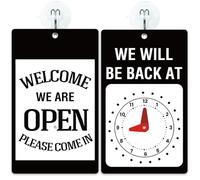 PRESSINART Panneau Ouvert/Fermé pour Entreprise de 7.87 x 4.72 Pouce Horloge de Retour avec Crochets à Ventouse Plaque Suspendue en PVC Double Face Noire Vintage pour Décoration de Porte de Magasin
