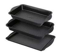 PRESTIGE Aerolift Lot de 3 plaques de cuisson antiadhésives pour four - Passe au lave-vaisselle avec poignées extra larges, moules à rôtir durables en acier au carbone noir