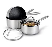 Prestige Lot de 3 casseroles anti-adhésives en acier inoxydable avec couvercles de 16, 18 et 20 cm, résistantes aux rayures, passent au four et au lave-vaisselle