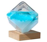 Prévisionniste météo en verre tempête cube d'eau bleu cristal avec socle en bois idéal pour la maison le bureau ou un petit espace de travail.