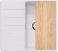 PRIMAGRAN Evier Cuisine en Granit au Meuble 40cm + Kit de Vidage, 55x50cm | Set: Kit de Vidage (Siphon, bonde d’évacuation, trop-plein) + Planche à Découper + Lavabo 1 Bac - Copenhague Top, Blanc