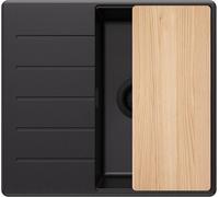 PRIMAGRAN Evier Cuisine en Granit au Meuble 40cm + Kit de Vidage, 55x50cm | Set: Kit de Vidage (Siphon, bonde d’évacuation, trop-plein) + Planche à Découper + Lavabo 1 Bac - Copenhague Top, Tout Noir