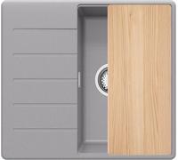 PRIMAGRAN Evier Cuisine en Granit au Meuble 40cm + Kit de Vidage, 55x50cm | Set: Kit de Vidage (Siphon, bonde d’évacuation, trop-plein) + Planche à Découper + Lavabo 1 Bac - Copenhague Top, Gris