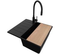 PRIMAGRAN Evier Cuisine en Granit au Meuble 40cm + Robinet, 55x50cm | Set: Robinet BW6020 + Kit de Vidage + Planche à Découper + Lavabo 1 Bac - Copenhague Top, Tout Noir