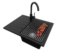 PRIMAGRAN Evier Cuisine en Granit au Meuble 40cm + Robinet, 62x50cm | Set: Robinet BW5010 + Kit de Vidage + Égouttoir Enroulable + Lavabo 1 Bac - Milan, Noir
