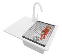 PRIMAGRAN Evier Cuisine en Granit au Meuble 40cm + Robinet, 62x50cm | Set: Robinet BW5010 + Kit de Vidage + Égouttoir Enroulable + Lavabo 1 Bac - Milan, Blanc