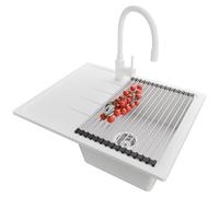 PRIMAGRAN Evier Cuisine en Granit au Meuble 40cm + Robinet, 62x50cm | Set: Robinet BW6020 + Kit de Vidage + Égouttoir Enroulable + Lavabo 1 Bac - Milan, Blanc