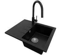 PRIMAGRAN Evier Cuisine en Granit au Meuble 40cm + Robinet, 62x50cm | Set: Robinet BW9010 + Kit de Vidage (Siphon, bonde d’évacuation, trop-plein) + Lavabo 1 Bac - Milan, Noir