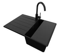 PRIMAGRAN Evier Cuisine en Granit au Meuble 40cm + Robinet, 70x50cm | Set: Robinet BW5010 + Kit de Vidage + Planche à Découper + Lavabo 1 Bac - Copenhague Top, Tout Noir