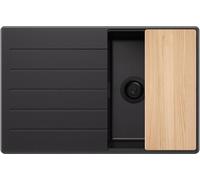 PRIMAGRAN Evier Cuisine en Granit au Meuble 45cm + Kit de Vidage, 78x50cm | Set: Kit de Vidage (Siphon, bonde d’évacuation, trop-plein) + Planche à Découper + Lavabo 1 Bac - Copenhague Top, Tout Noir