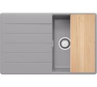 PRIMAGRAN Evier Cuisine en Granit au Meuble 45cm + Kit de Vidage, 78x50cm | Set: Kit de Vidage (Siphon, bonde d’évacuation, trop-plein) + Planche à Découper + Lavabo 1 Bac - Copenhague Top, Gris