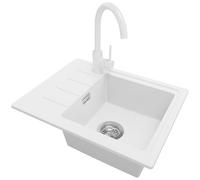 PRIMAGRAN, Evier Cuisine en Granit Blanc 55x44cm, Kit de Vidage, Accessoires, Évier à Encastrer au Meuble 45cm, Lavabo 1 Bac X8596-Y