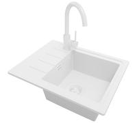 PRIMAGRAN Evier Cuisine en Granit au Meuble 45cm + Robinet, 55x44cm | Set: Robinet BW5010 + Kit de Vidage (Siphon, bonde d’évacuation, trop-plein) + Lavabo 1 Bac - Copenhague Easy, Tout Blanc