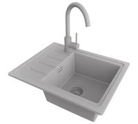 PRIMAGRAN Evier Cuisine en Granit au Meuble 45cm + Robinet, 55x44cm | Set: Robinet BW5010 + Kit de Vidage (Siphon, bonde d’évacuation, trop-plein) + Lavabo 1 Bac - Copenhague Easy, Tout Gris