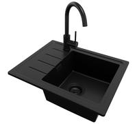 PRIMAGRAN Evier Cuisine en Granit au Meuble 45cm + Robinet, 55x44cm | Set: Robinet BW5010 + Kit de Vidage (Siphon, bonde d’évacuation, trop-plein) + Lavabo 1 Bac - Copenhague Easy, Tout Noir