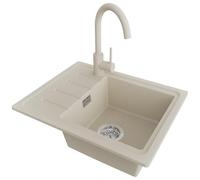 PRIMAGRAN Evier Cuisine en Granit au Meuble 45cm + Robinet, 55x44cm | Set: Robinet BW5010 + Kit de Vidage (Siphon, bonde d’évacuation, trop-plein) + Lavabo 1 Bac - Copenhague Easy, Beige