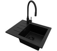 PRIMAGRAN Evier Cuisine en Granit au Meuble 45cm + Robinet, 55x44cm | Set: Robinet BW6020 + Kit de Vidage (Siphon, bonde d’évacuation, trop-plein) + Lavabo 1 Bac - Copenhague Easy, Tout Noir