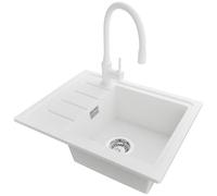 PRIMAGRAN Evier Cuisine en Granit au Meuble 45cm + Robinet, 55x44cm | Set: Robinet BW6020 + Kit de Vidage (Siphon, bonde d’évacuation, trop-plein) + Lavabo 1 Bac - Copenhague Easy, Blanc