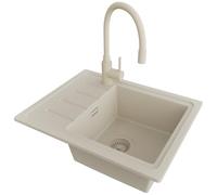 PRIMAGRAN Evier Cuisine en Granit au Meuble 45cm + Robinet, 55x44cm | Set: Robinet BW6020 + Kit de Vidage (Siphon, bonde d’évacuation, trop-plein) + Lavabo 1 Bac - Copenhague Easy, Tout Beige