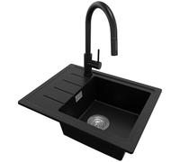 PRIMAGRAN Evier Cuisine en Granit au Meuble 45cm + Robinet, 55x44cm | Set: Robinet BW9010 + Kit de Vidage (Siphon, bonde d’évacuation, trop-plein) + Lavabo 1 Bac - Copenhague Easy, Noir