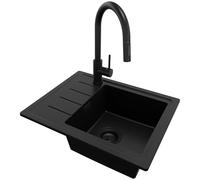 PRIMAGRAN Evier Cuisine en Granit au Meuble 45cm + Robinet, 55x44cm | Set: Robinet BW9010 + Kit de Vidage (Siphon, bonde d’évacuation, trop-plein) + Lavabo 1 Bac - Copenhague Easy, Tout Noir