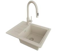 PRIMAGRAN Evier Cuisine en Granit au Meuble 45cm + Robinet, 55x44cm | Set: Robinet BW9010 + Kit de Vidage (Siphon, bonde d’évacuation, trop-plein) + Lavabo 1 Bac - Copenhague Easy, Tout Beige