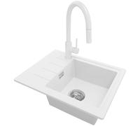 PRIMAGRAN Evier Cuisine en Granit au Meuble 45cm + Robinet, 55x44cm | Set: Robinet BW9010 + Kit de Vidage (Siphon, bonde d’évacuation, trop-plein) + Lavabo 1 Bac - Copenhague Easy, Blanc