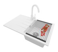 PRIMAGRAN Evier Cuisine en Granit au Meuble 45cm + Robinet, 78x50cm | Set: Robinet BW5010 + Kit de Vidage + Égouttoir Enroulable + Lavabo 1 Bac - Milan, Blanc