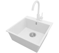 PRIMAGRAN Evier Cuisine en Granit au Meuble 50cm + Robinet, 48x50cm | Set: Robinet BW5010 + Kit de Vidage (Siphon, bonde d’évacuation, trop-plein) + Lavabo 1 Bac - Riga, Blanc