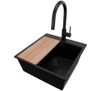 PRIMAGRAN Evier Cuisine en Granit au Meuble 50cm + Robinet, 48x50cm | Set: Robinet BW9010 + Kit de Vidage + Planche à Découper + Lavabo 1 Bac - Oslo, Tout Noir