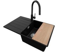 PRIMAGRAN Evier Cuisine en Granit au Meuble 50cm + Robinet, 78x50cm | Set: Robinet BW9010 + Kit de Vidage + Planche à Découper + Lavabo 1 Bac - Copenhague Top, Noir