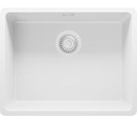 PRIMAGRAN Evier Cuisine en Granit au Meuble 60cm + Kit de Vidage, 56x44cm | Set: Kit de Vidage (Siphon, bonde d’évacuation, trop-plein) + Lavabo 1 Bac - Venise, Tout Blanc