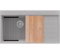 PRIMAGRAN Evier Cuisine en Granit au Meuble 60cm + Kit de Vidage, 90x50cm | Set: Kit de Vidage (Siphon, bonde d’évacuation, trop-plein) + Lavabo 1 Bac - Sydney, Gris