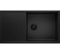 PRIMAGRAN Evier Cuisine en Granit au Meuble 60cm + Kit de Vidage, 90x50cm | Set: Kit de Vidage (Siphon, bonde d’évacuation, trop-plein) + Lavabo 1 Bac - Ibiza , Tout Noir