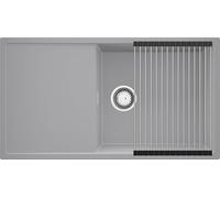 PRIMAGRAN Evier Cuisine en Granit au Meuble 60cm + Kit de Vidage, 90x50cm | Set: Kit de Vidage (Siphon, bonde d’évacuation, trop-plein) + Égouttoir Enroulable + Lavabo 1 Bac - Ibiza , Gris