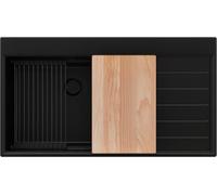 PRIMAGRAN Evier Cuisine en Granit au Meuble 60cm + Kit de Vidage, 90x50cm | Set: Kit de Vidage (Siphon, bonde d’évacuation, trop-plein) + Lavabo 1 Bac - Sydney, Tout Noir