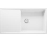 PRIMAGRAN Evier Cuisine en Granit au Meuble 60cm + Kit de Vidage, 90x50cm | Set: Kit de Vidage (Siphon, bonde d’évacuation, trop-plein) + Lavabo 1 Bac - Ibiza , Tout Blanc
