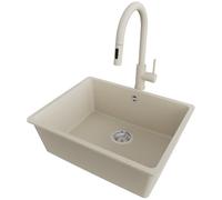 PRIMAGRAN Evier Cuisine en Granit au Meuble 60cm + Robinet, 56x44cm | Set: Robinet BW9010 + Kit de Vidage (Siphon, bonde d’évacuation, trop-plein) + Lavabo 1 Bac - Venise, Beige