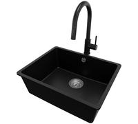 PRIMAGRAN Evier Cuisine en Granit au Meuble 60cm + Robinet, 56x44cm | Set: Robinet BW9010 + Kit de Vidage (Siphon, bonde d’évacuation, trop-plein) + Lavabo 1 Bac - Venise, Noir
