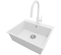 PRIMAGRAN, Evier Cuisine en Granit Blanc 58x50cm, Kit de Vidage, Accessoires, Évier à Encastrer au Meuble 60cm, Lavabo 1 Bac X1594-Q