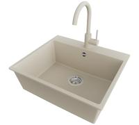 PRIMAGRAN, Evier Cuisine en Granit Beige 58x50cm, Kit de Vidage, Accessoires, Évier à Encastrer au Meuble 60cm, Lavabo 1 Bac Q8499-S