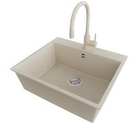 PRIMAGRAN, Evier Cuisine en Granit Beige 58x50cm, Kit de Vidage, Accessoires, Évier à Encastrer au Meuble 60cm, Lavabo 1 Bac Q6473-S
