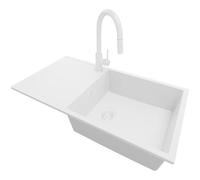 PRIMAGRAN Evier Cuisine en Granit au Meuble 60cm + Robinet, 90x50cm | Set: Robinet BW9010 + Kit de Vidage (Siphon, bonde d’évacuation, trop-plein) + Lavabo 1 Bac - Ibiza , Tout Blanc